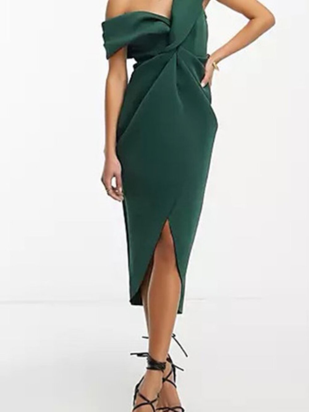 ASOS Off-the-Shoulder Twist-Front, Tulip Hem, Midi Dress, Dark Green, Size 8